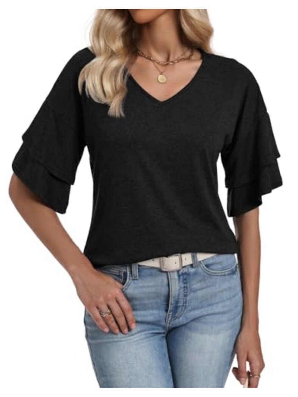 Womens V Neck 3/4 Bell Sleeve Blouse Relaxed Fit Summer Top